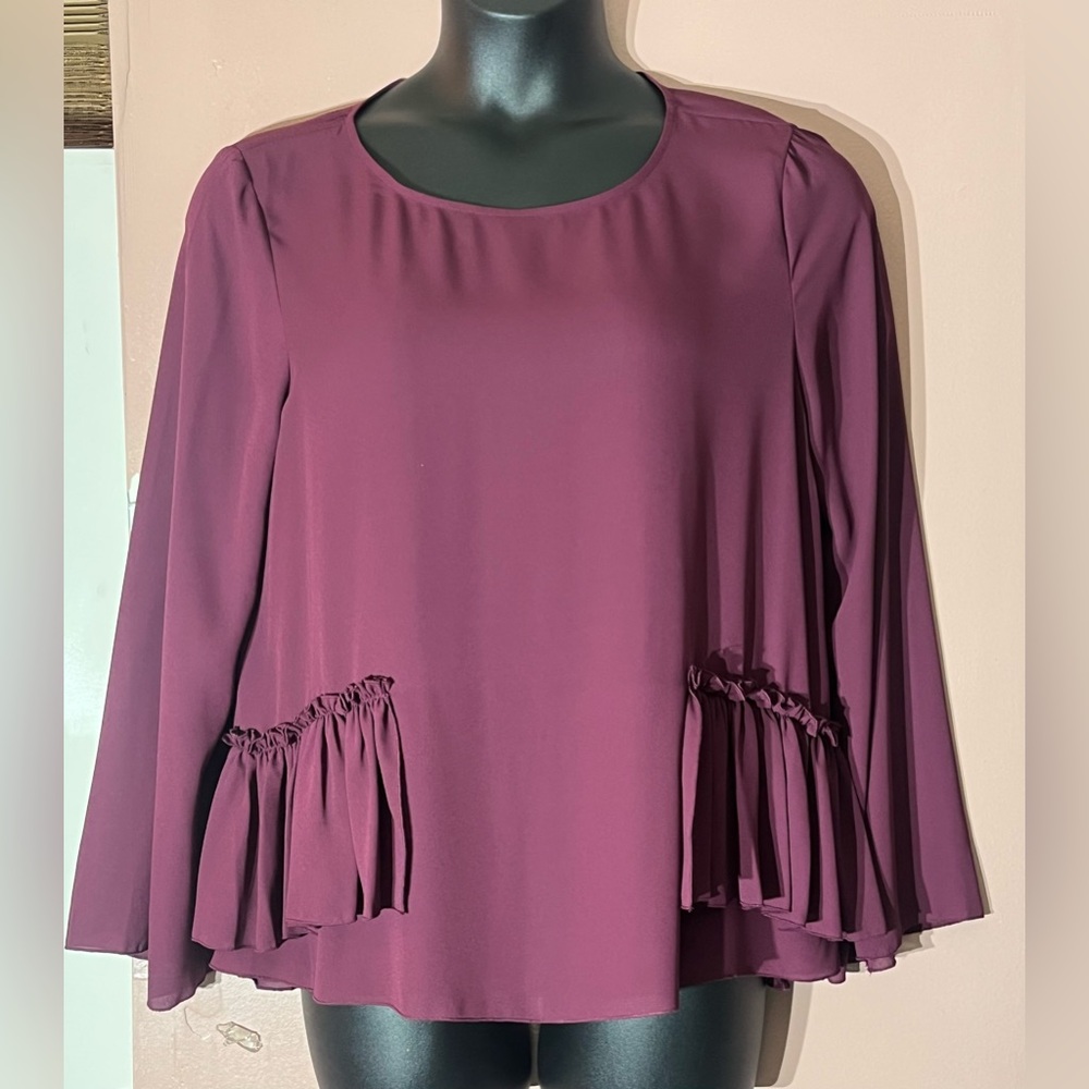 Maison Jules‎ Women's Long Sleeve Ruffled Peplum Top Burgundy XL work career